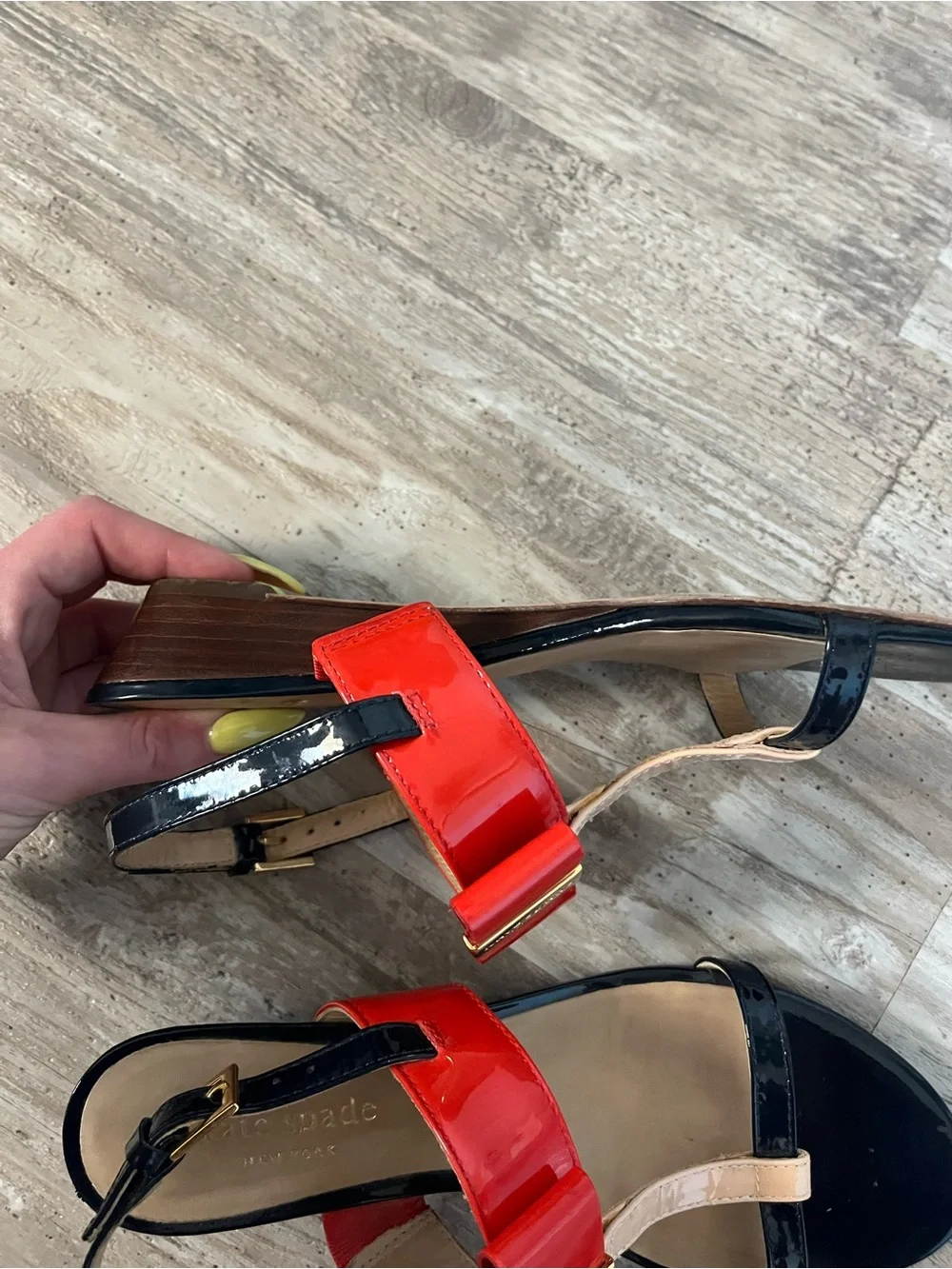 kate spade Red, Black & Nude Patent T-Strap Sandals